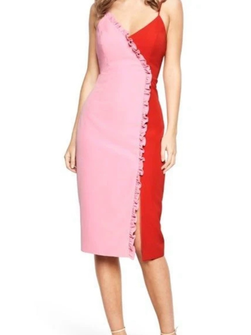 Bardot Sherbet Colorblock Ruffled Sheath Dress Pink Red 6 Small